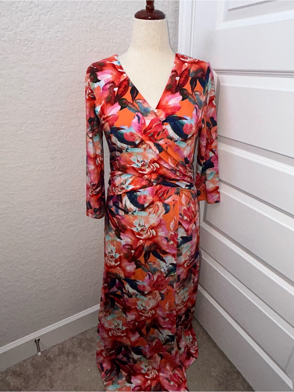 Soft Surroundings Le Jardin Floral Print Faux Wrap 3/4 Length Sleeve Maxi Dress